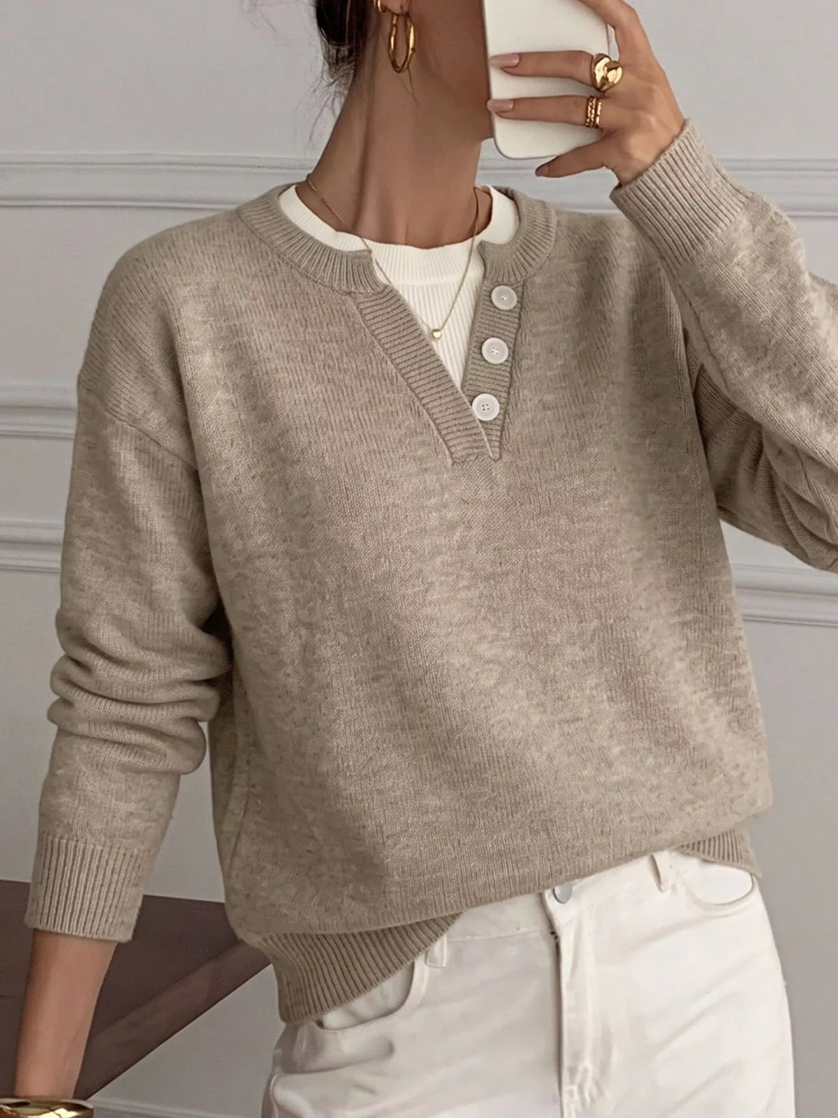 Button Detail Drop Shoulder Long Sleeve Sweater side view