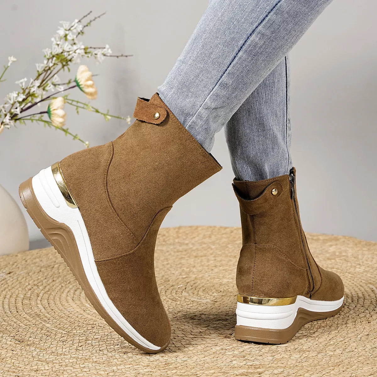 suede wedge heel ankle boots stacked pair