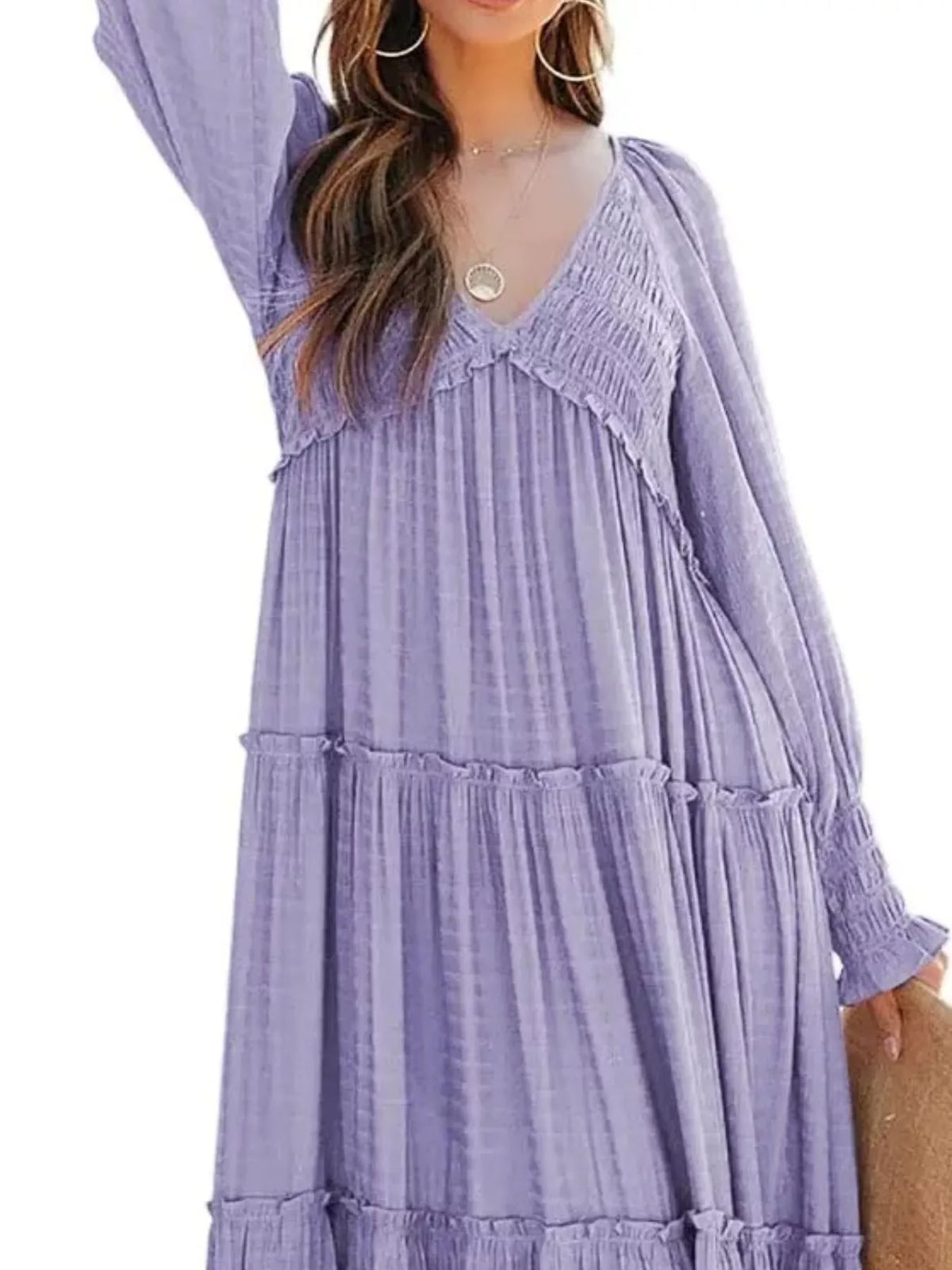 v neck long sleeve tiered maxi dress side view