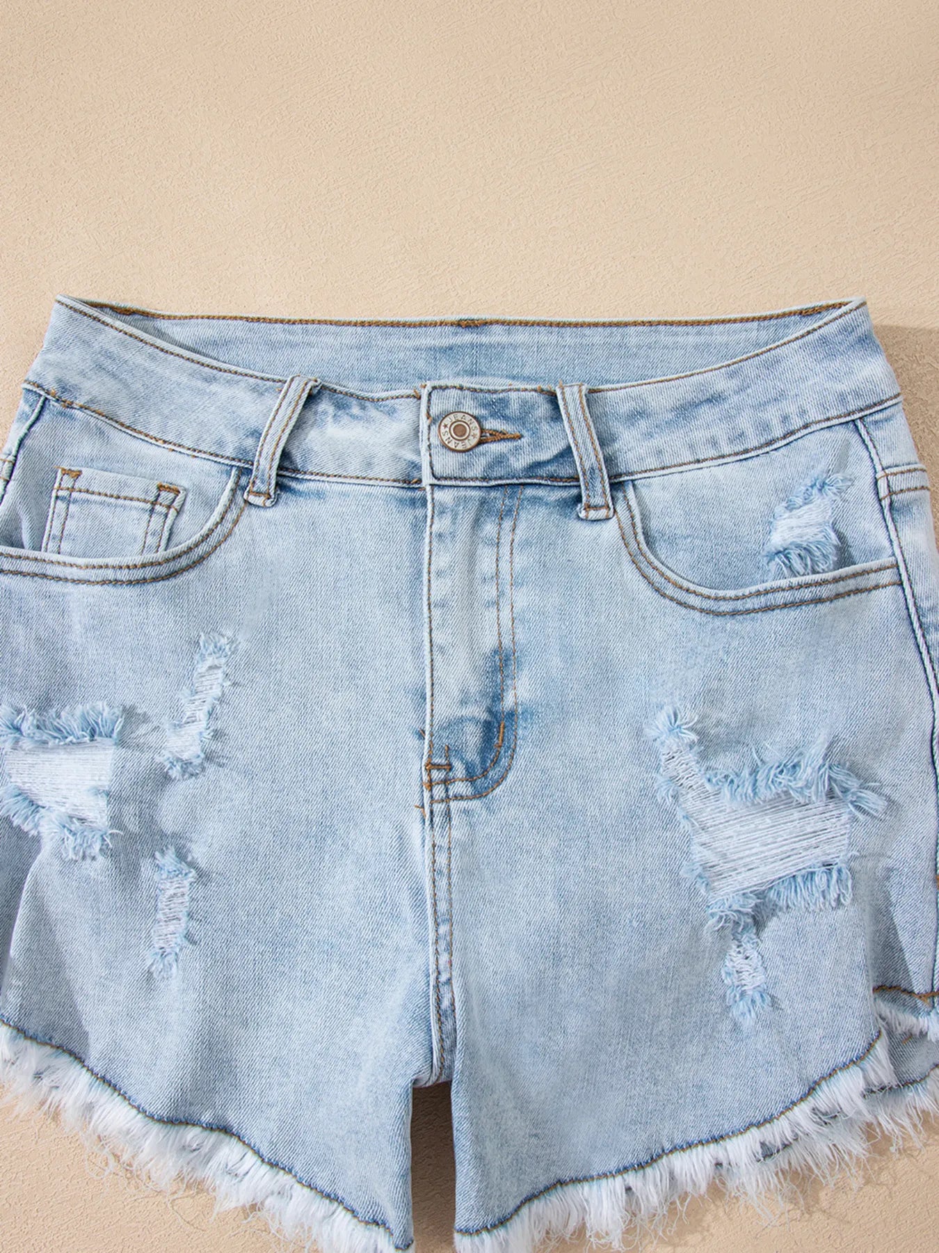 High Rise Distressed Raw Hem Denim Shorts - Fashorio