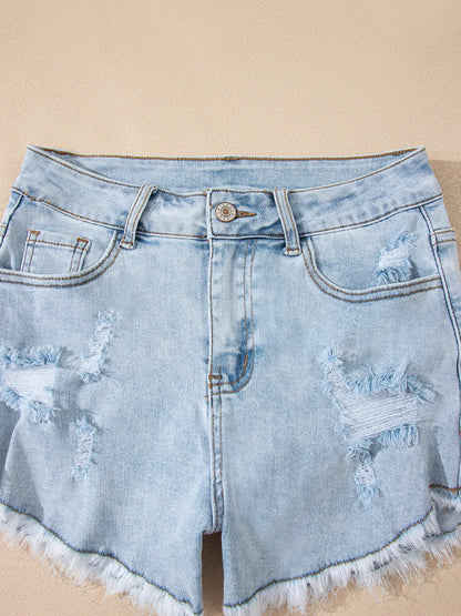 High Rise Distressed Raw Hem Denim Shorts - Fashorio