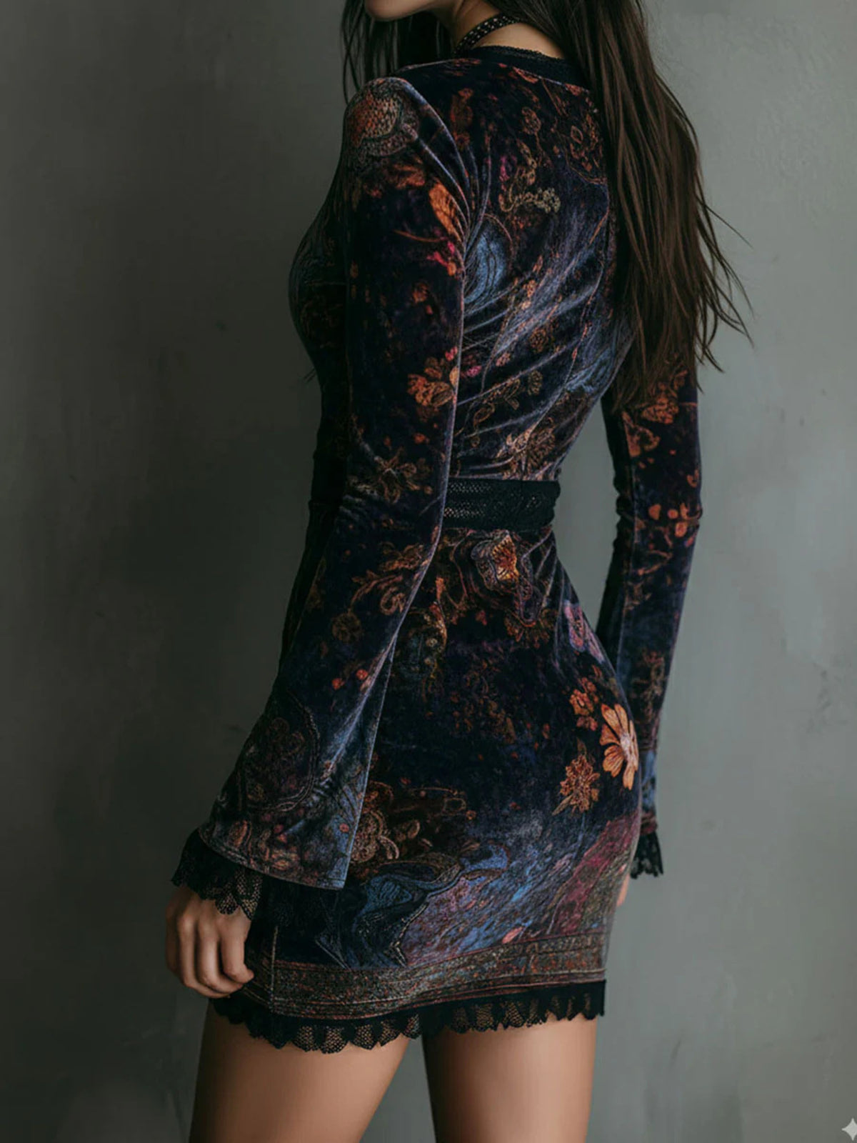 Floral velvet mini dress with lace detail, side profile