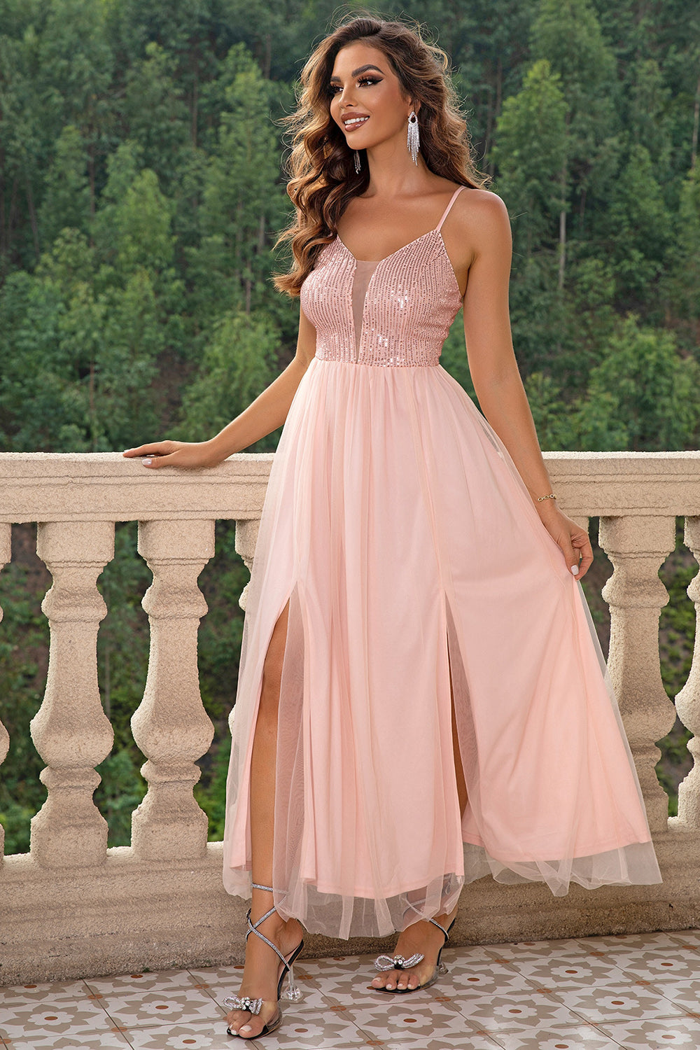 spaghetti strap slit mesh dress neckline detail