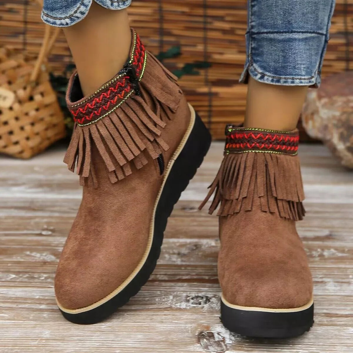 Fringe round toe ankle boots sole view