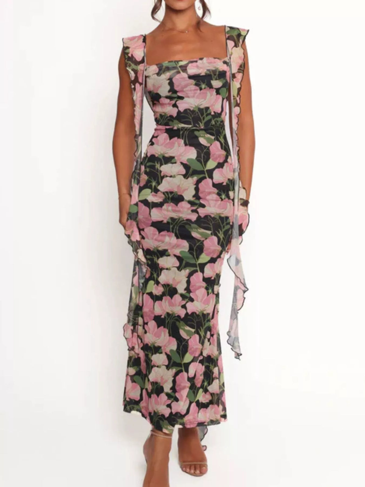 floral ruffle trim bodycon maxi dress fabric detail