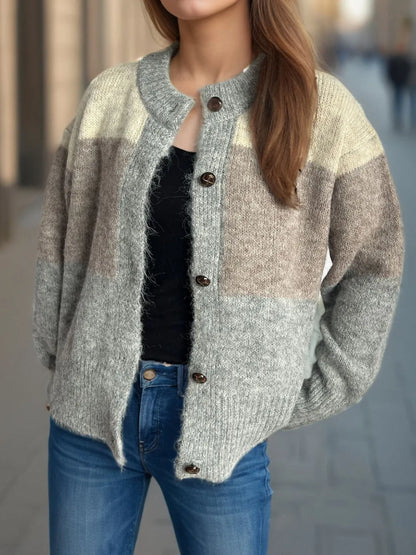 Color Block Round Neck Button Up Cardigan - Fashorio