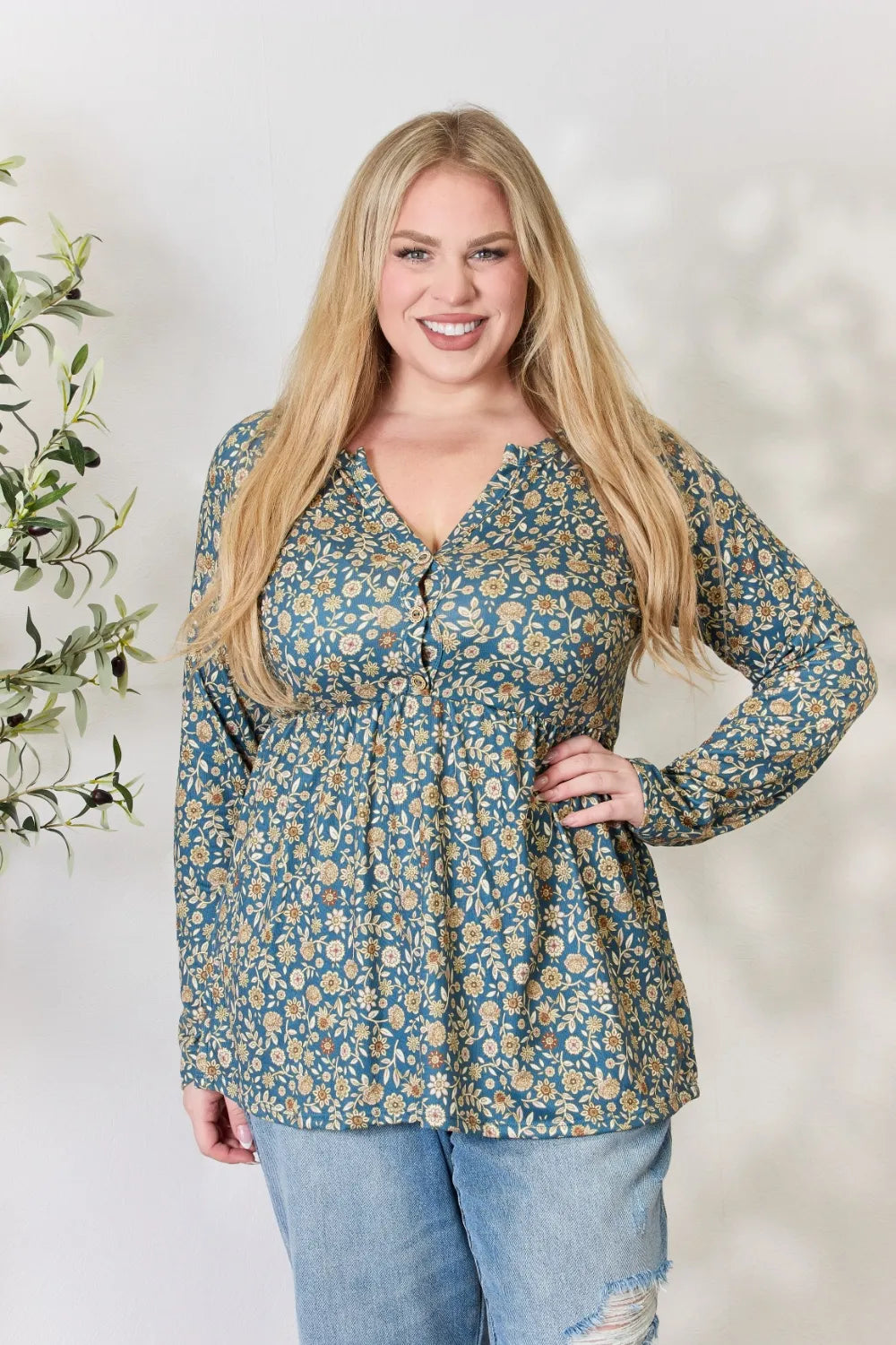 Heimish Full Size Floral Half Button Long Sleeve Blouse - Fashorio