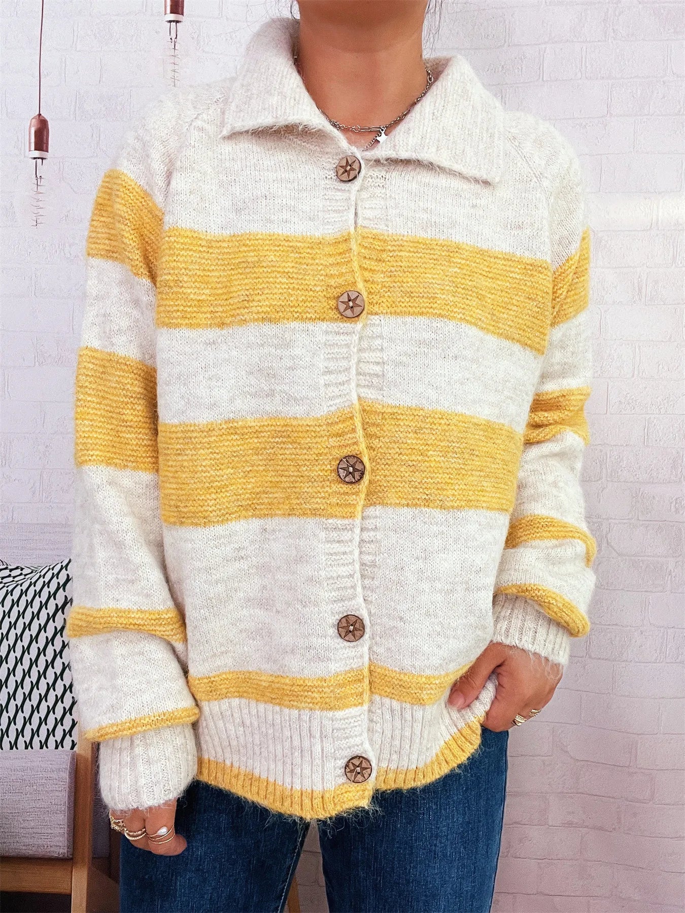 Striped Button-Up Cozy Cardigan - Fashorio