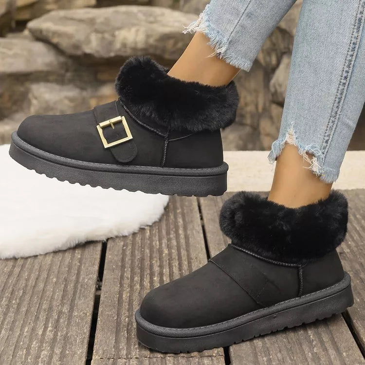 fuzzy trim buckle winter boots close detail