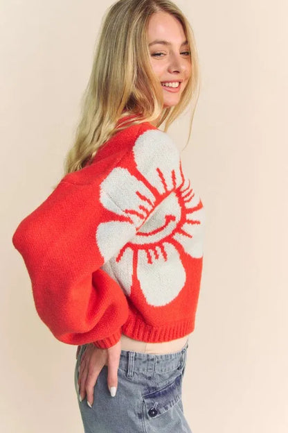 Davi & Dani Flower Contrast Round Neck Long Sleeve Cardigan - Fashorio