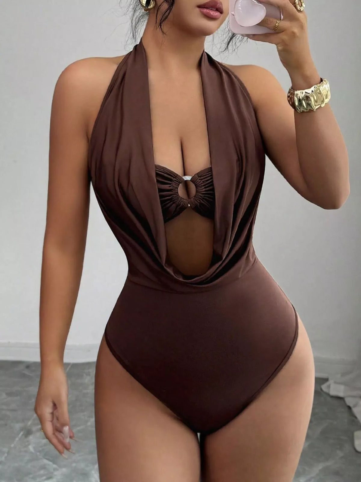 Halter neck ruched ring detail bodysuit front view