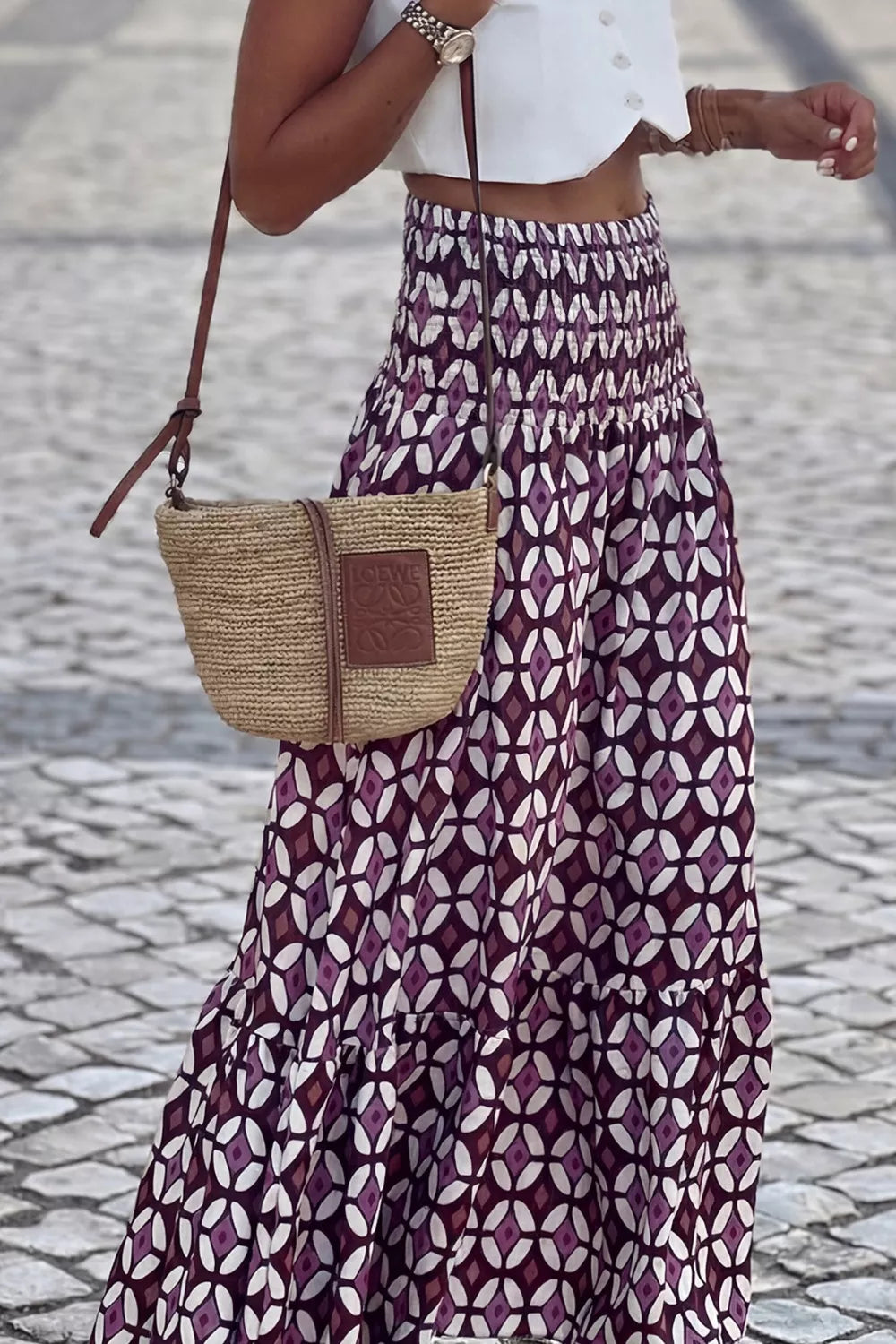 Mauve geometric print maxi skirt side view