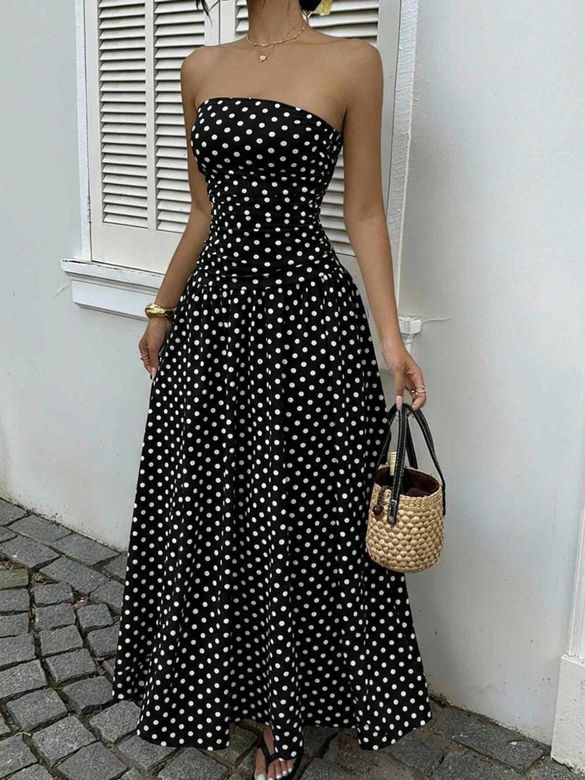 Strapless polka dot dress styled outfit