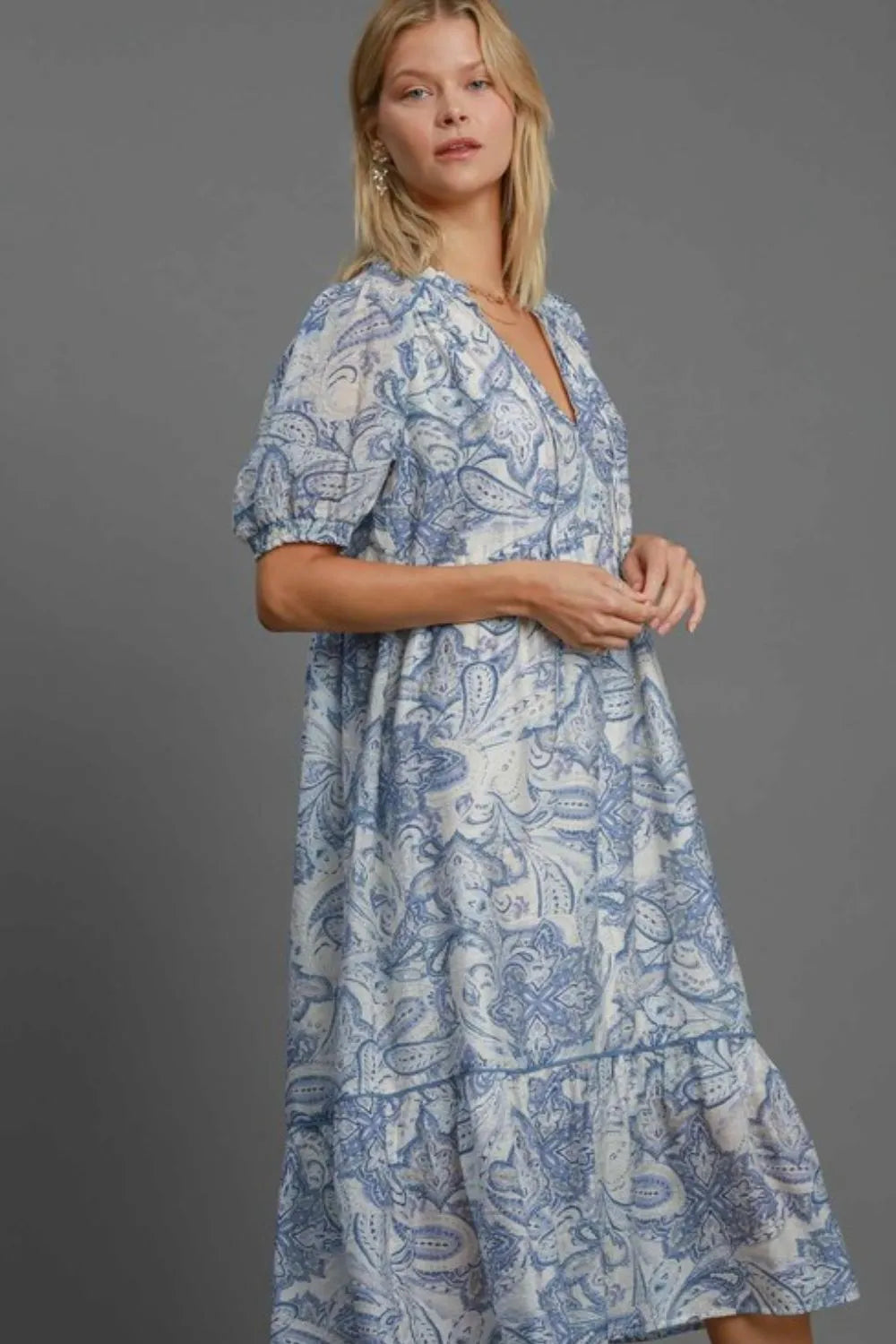 Printed Puff Short Sleeve Midi Dress back view