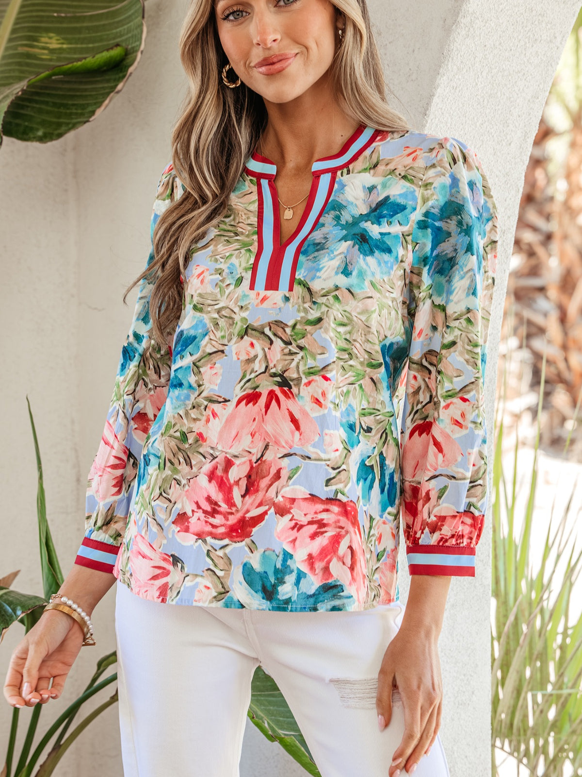 Contrast Trim V Neck Cuffed Bracelet Sleeve Floral Blouse detail
