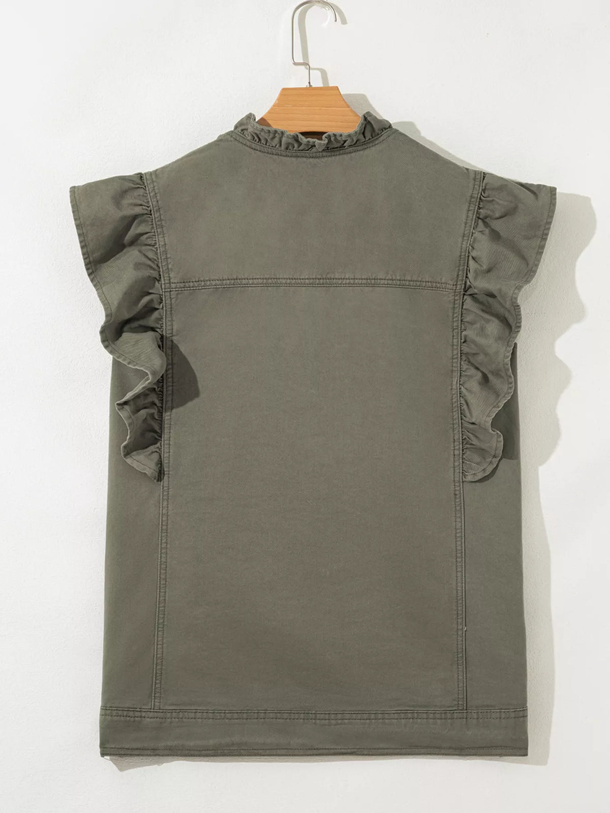 Ruffled Patchwork Denim Vest in Army Green on model