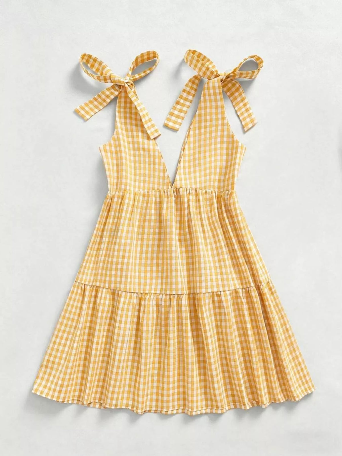 Yellow gingham tie shoulder dress three quarter view