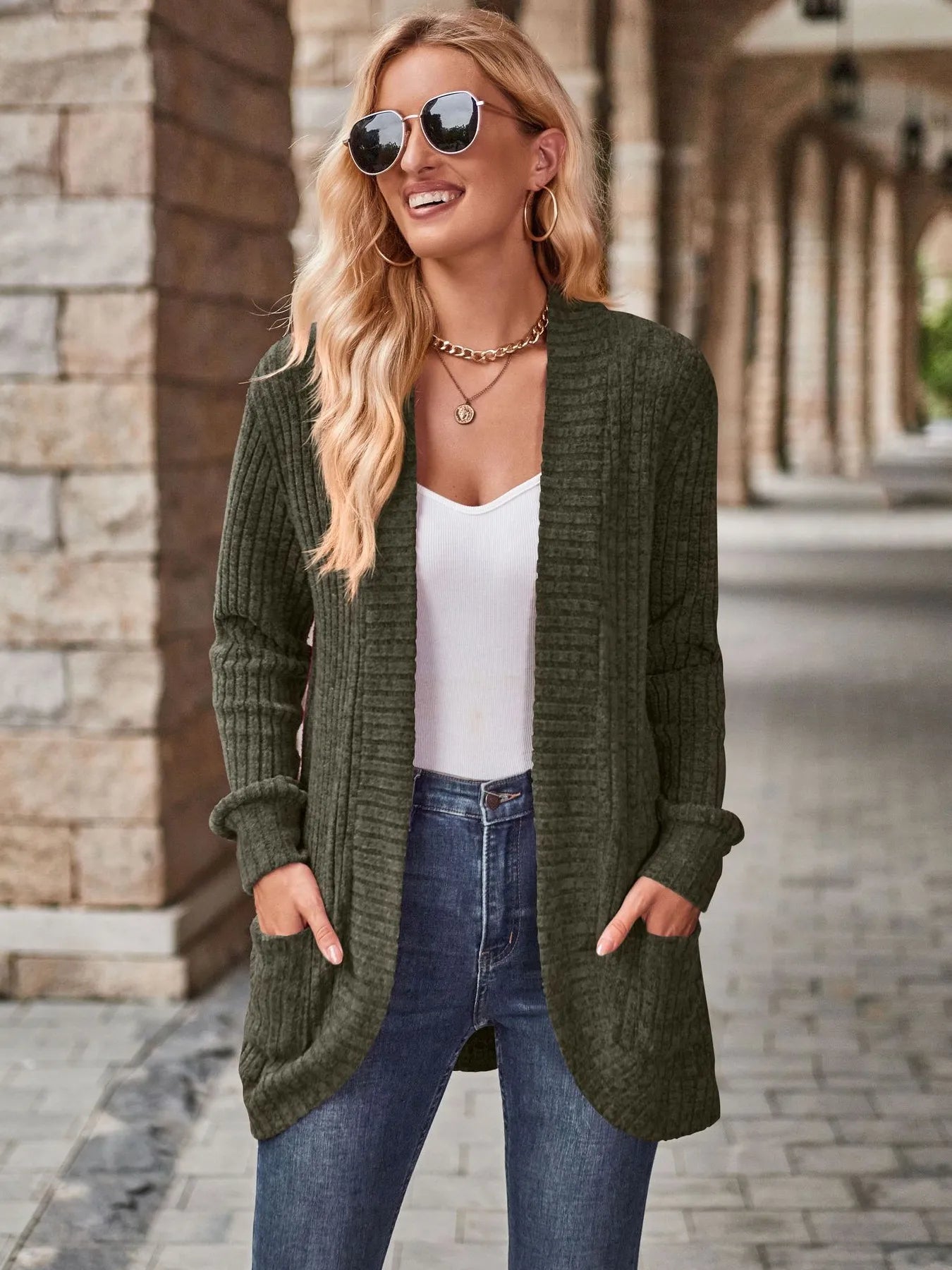 Ribbed Open Front Long Cardigan with Pockets Olive - Fashorio