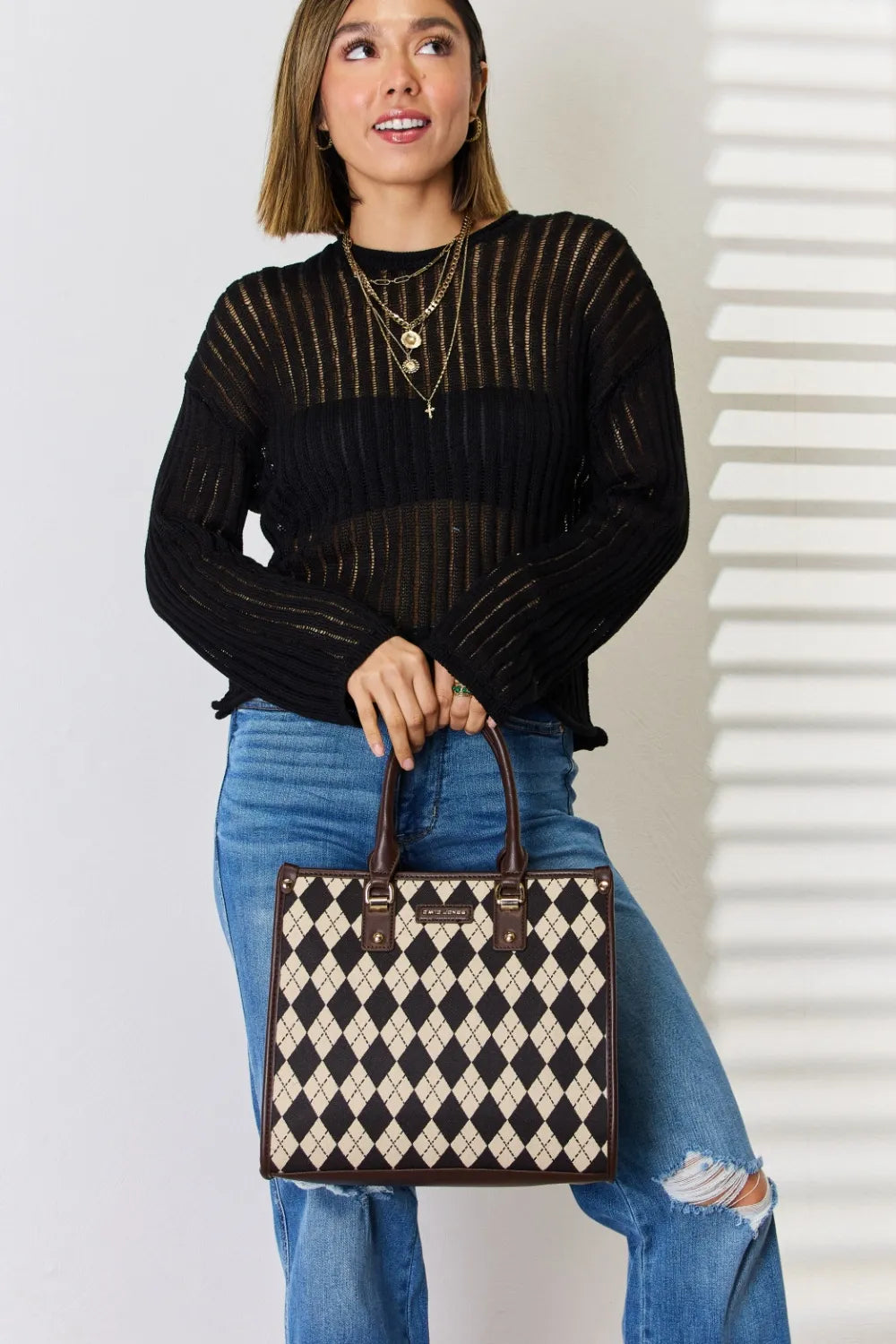 David Jones Argyle Pattern PU Leather Handbag Chocolate One Size - Fashorio