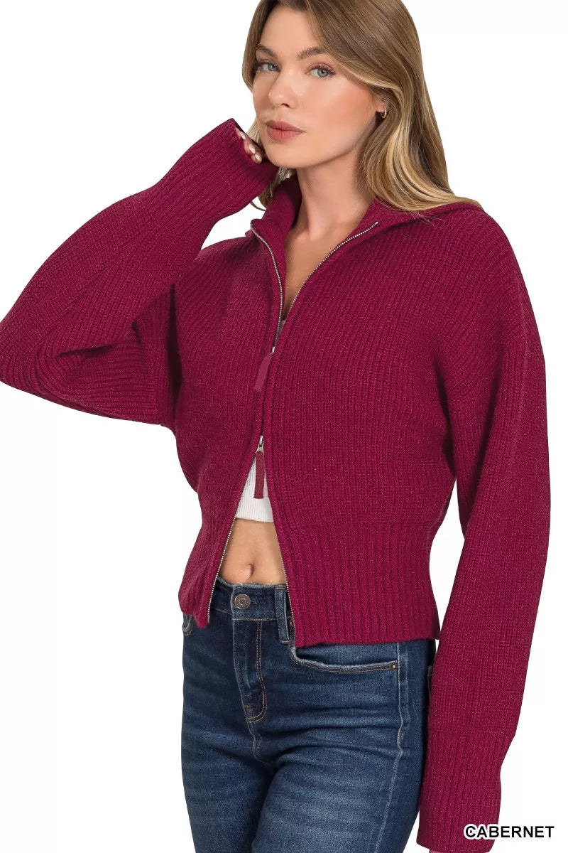 Ribbed Collared Zip Up Cardigan in Cabernet styled look