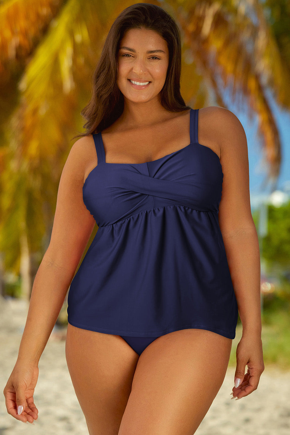 Full Size Adjustable Strap Tankini Set Navy - Fashorio