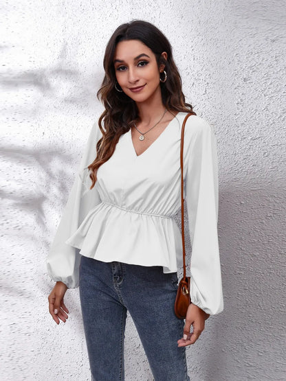 V-Neck Balloon Sleeve Peplum Blouse White - Fashorio