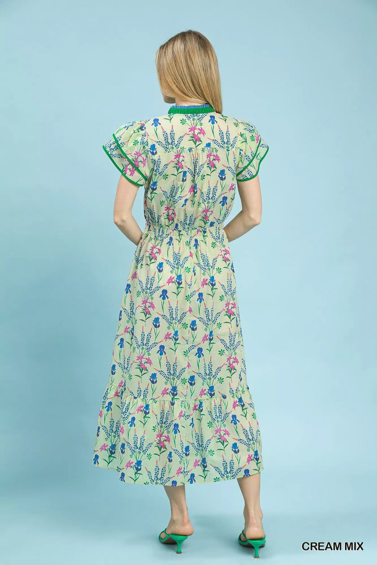 Cream mixed floral tiered midi dress front view