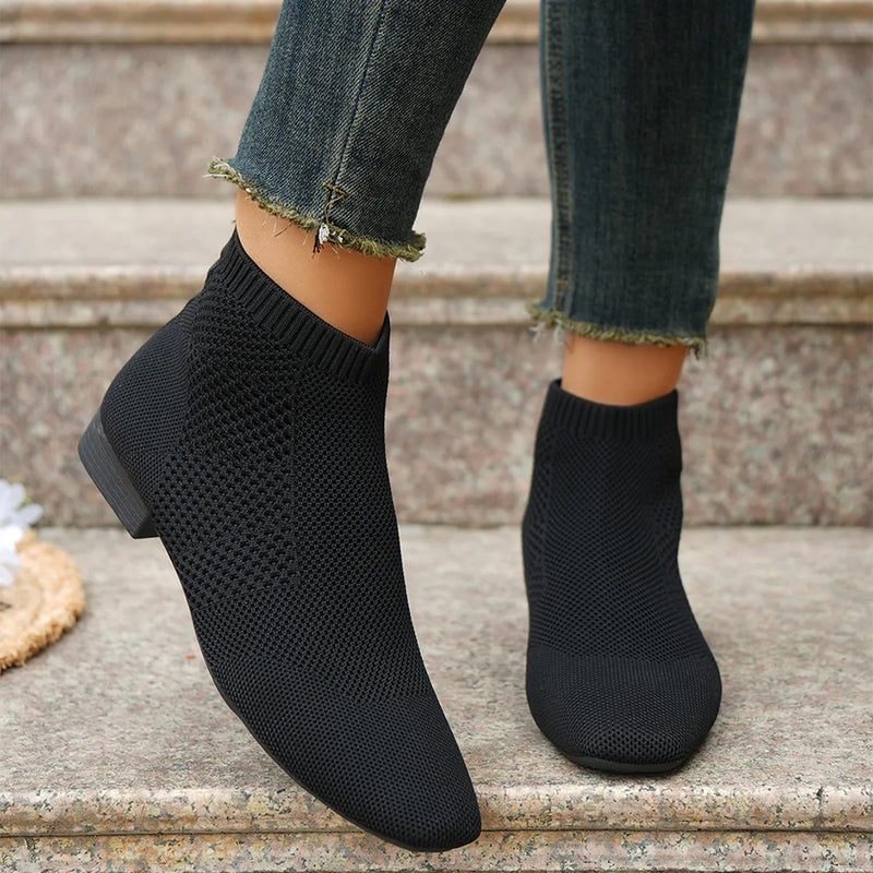 Mesh knit ankle boots in Black, front view