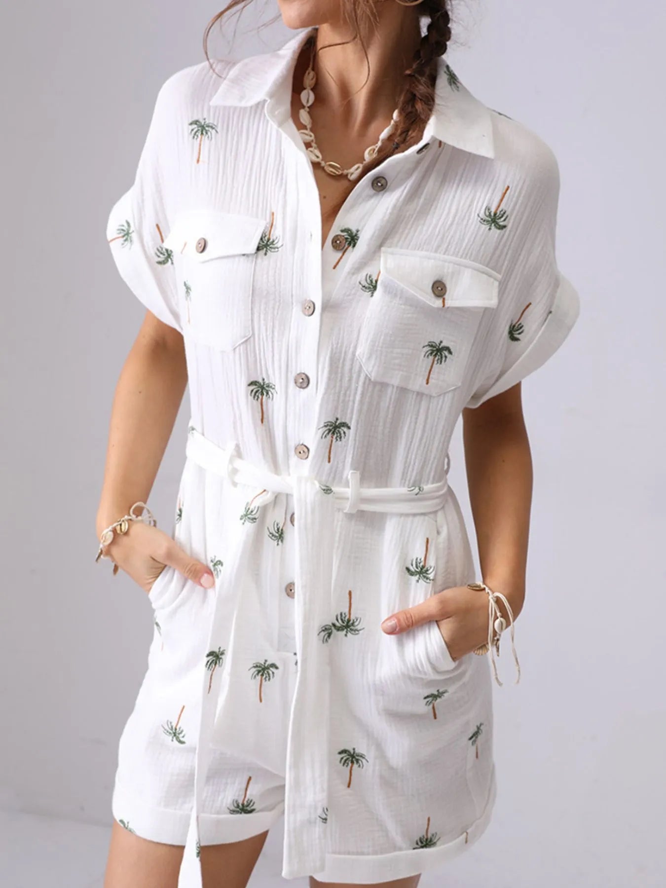 Palm Tree Print Short Sleeve Button-Up Romper with Belt - Fashorio