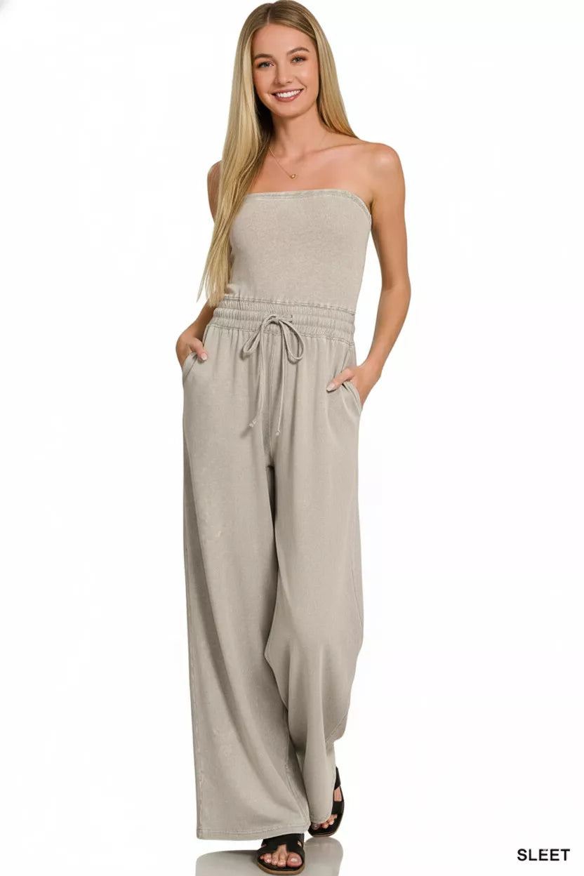 Acid Washed Strapless Tube Top Jumpsuit back view