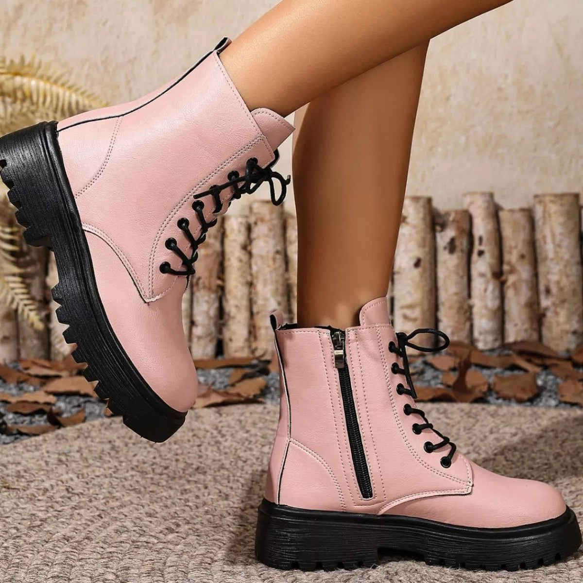 Pink round toe block heels boots worn on model