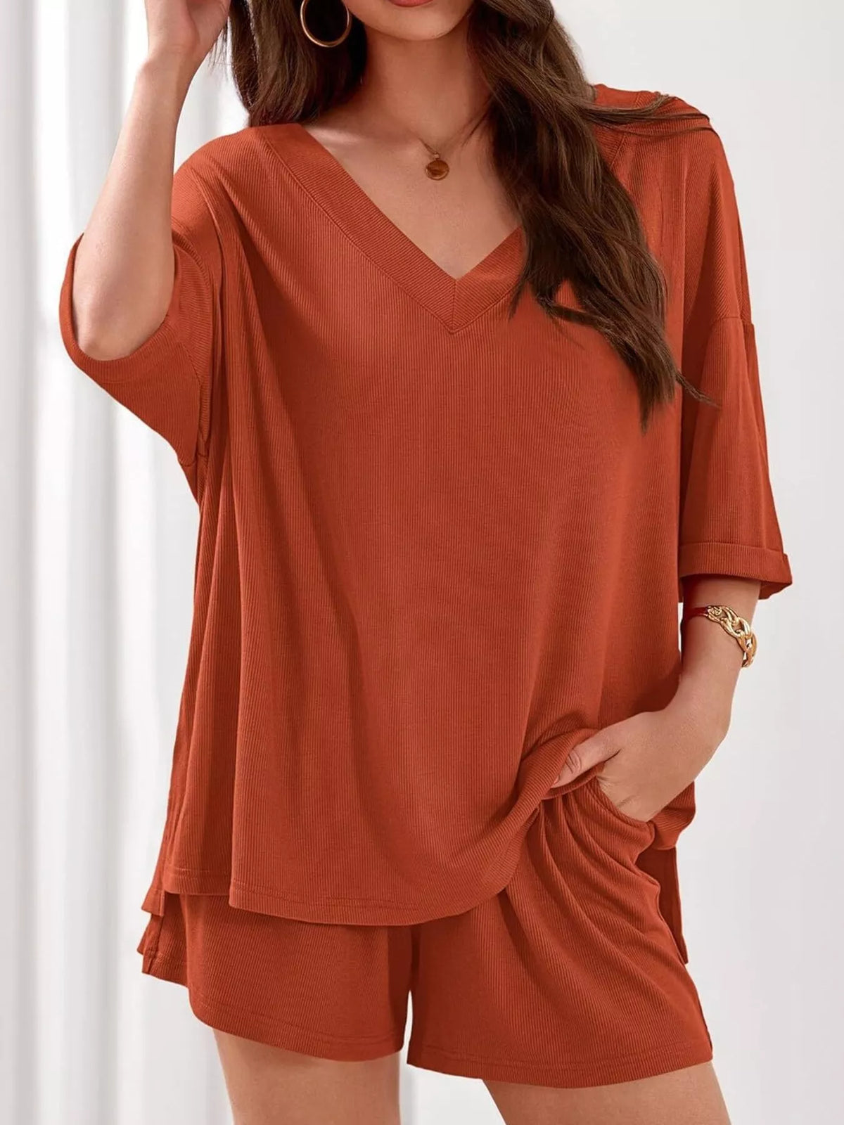 V Neck Top and Shorts Two Piece Set, view 11