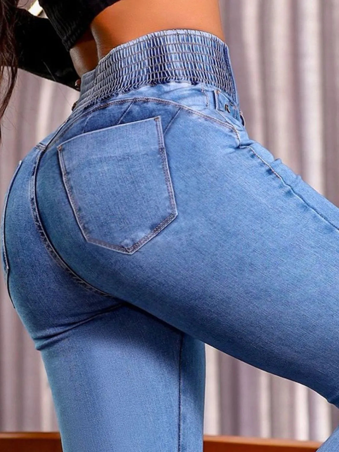 High Rise Smocked Bootcut Jeans, view 7