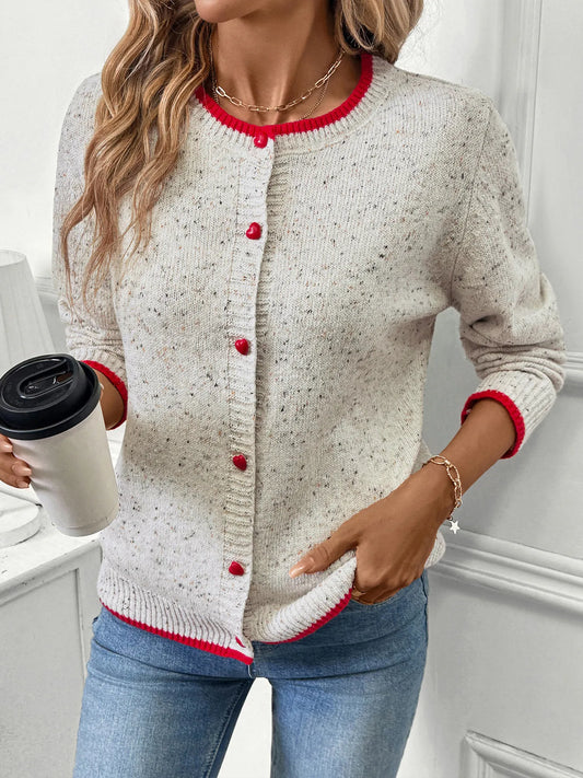 Contrast Trim Button Up Long Sleeve Cardigan Light Gray - Fashorio