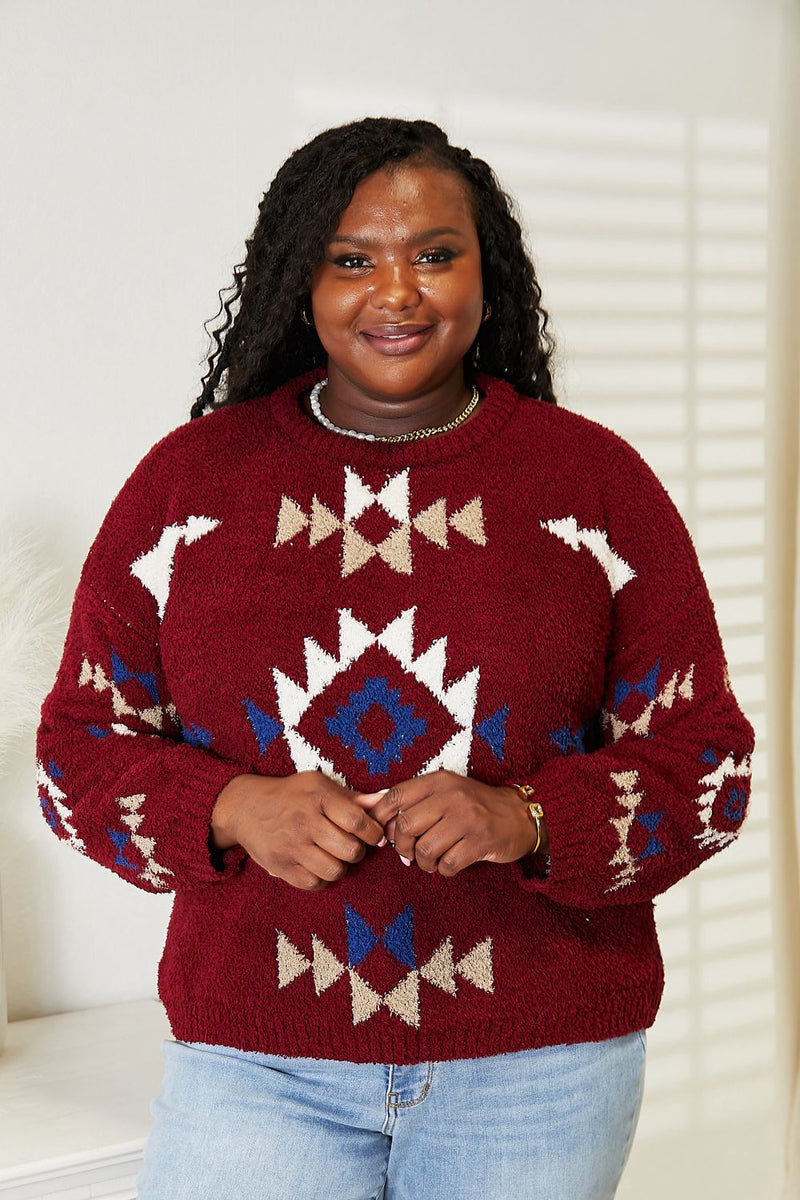 Aztec Print Soft Fuzzy Sweater in Burgundy