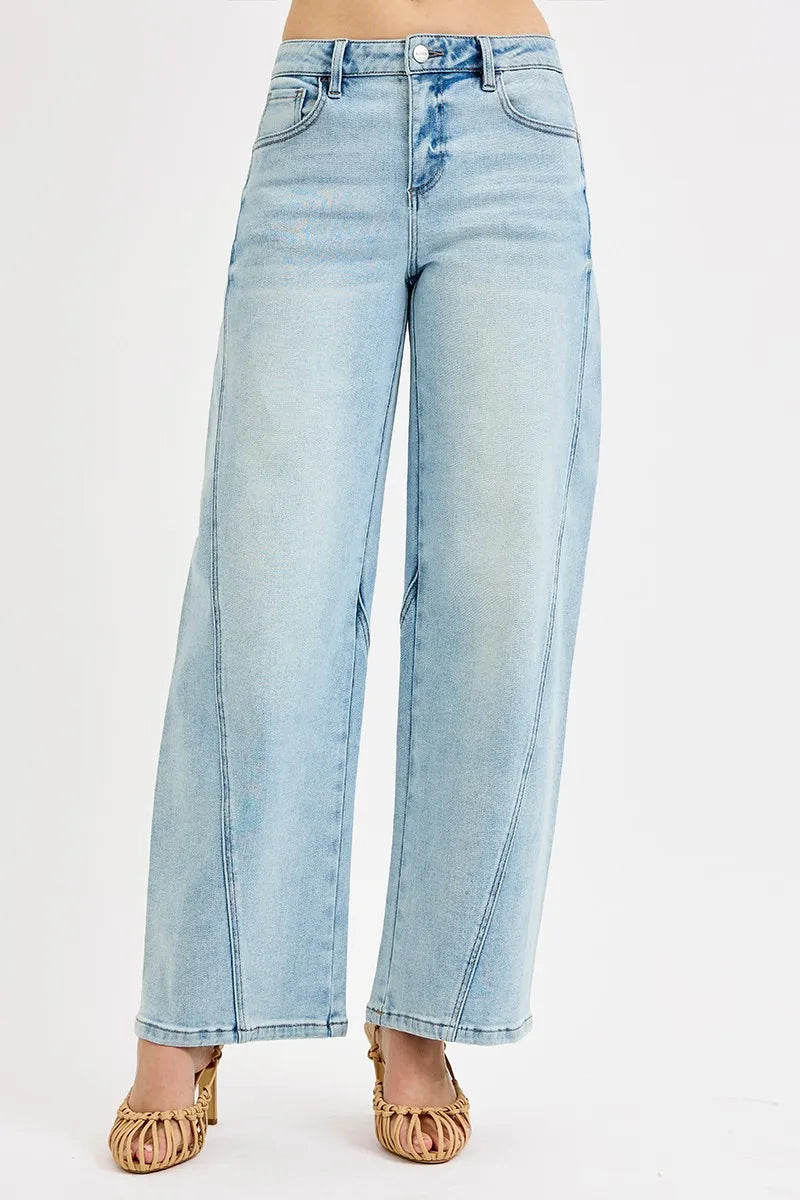 RISEN mid rise barrel jeans in light wash front view