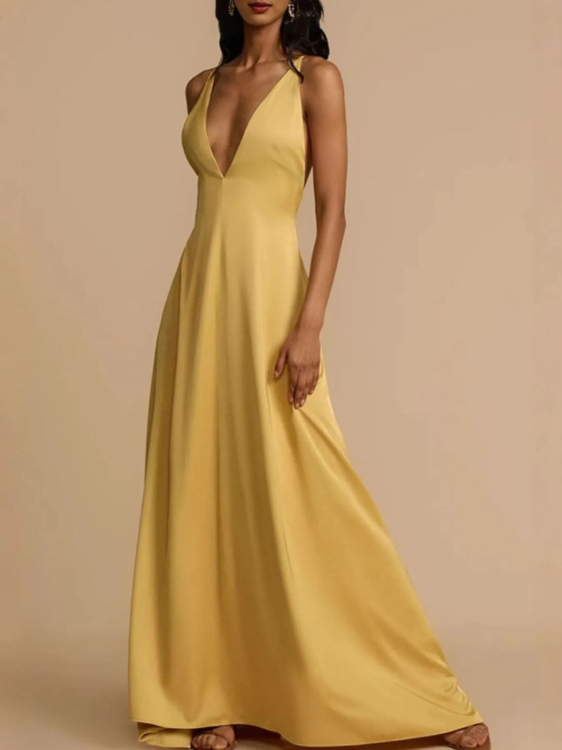 Deep V neck gold maxi dress front view