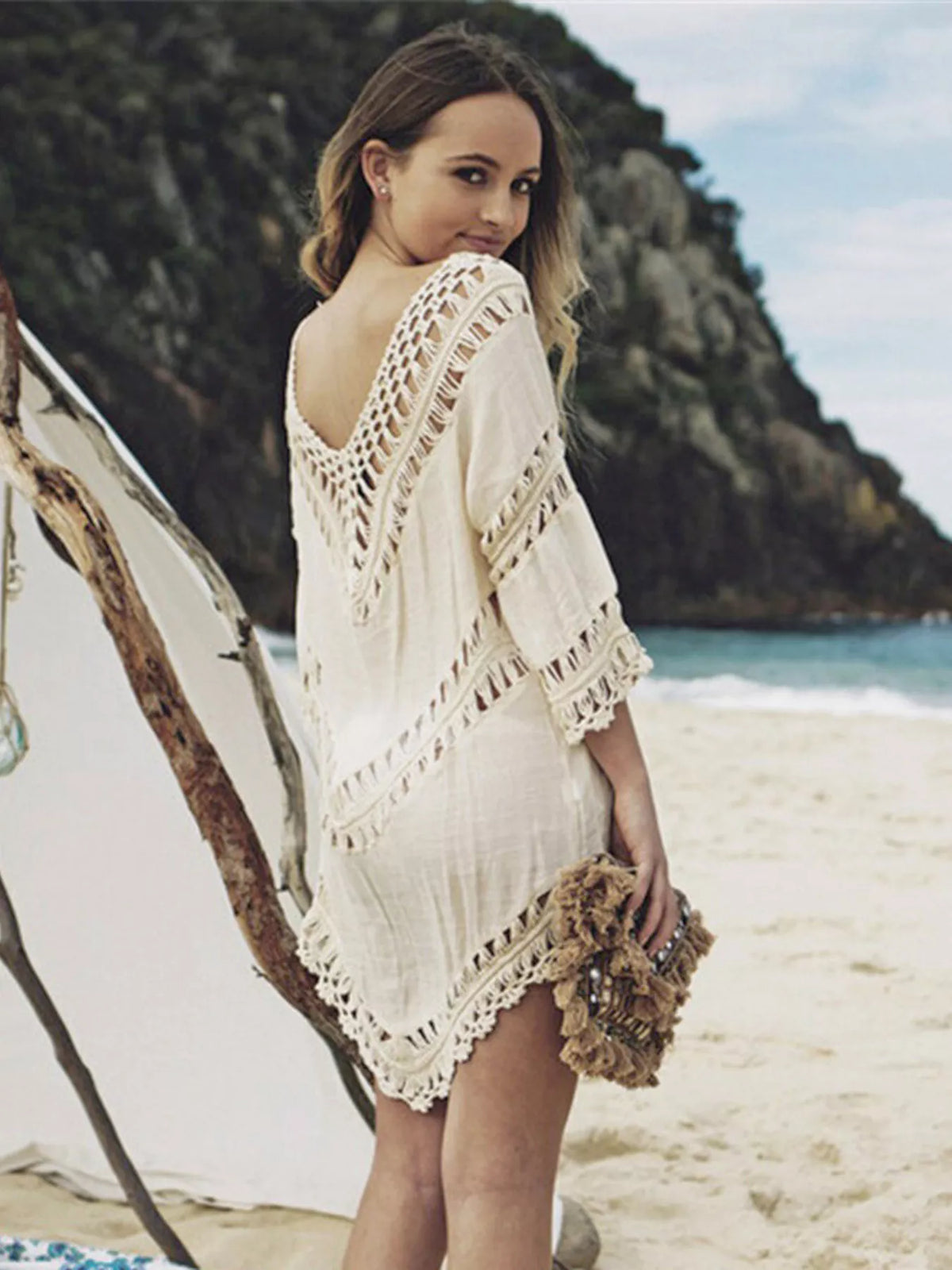 Crochet trim cover up full length view