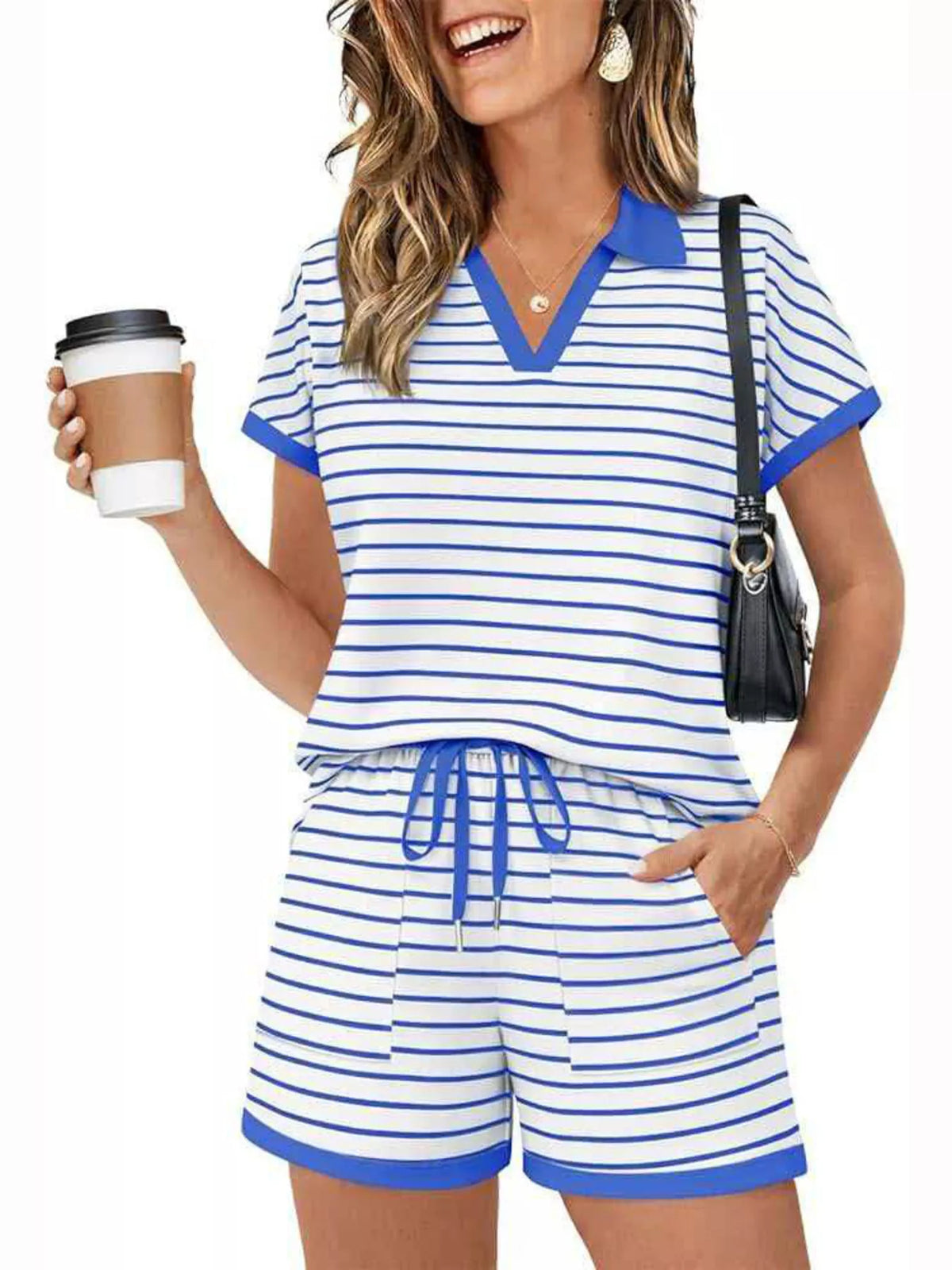 Striped Short Sleeve Polo and Shorts Set, view 14