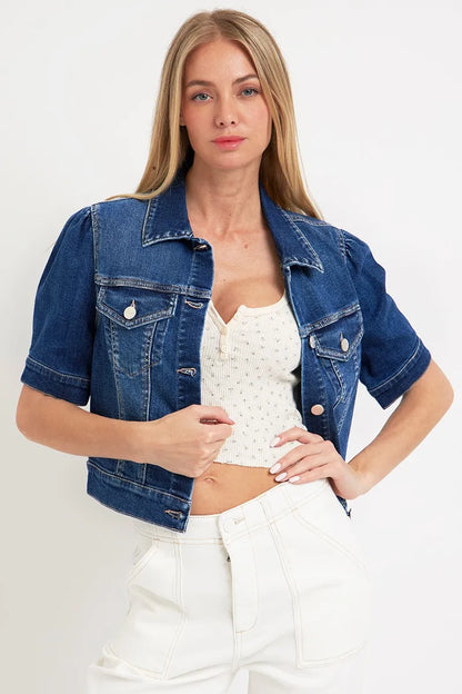 RISEN Puffed Short Sleeve Crop Denim Jackets - Fashorio