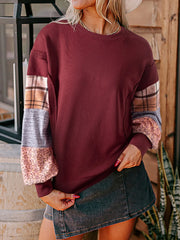 Multi-Pattern Long Sleeve Sweatshirt Burgundy - Fashorio