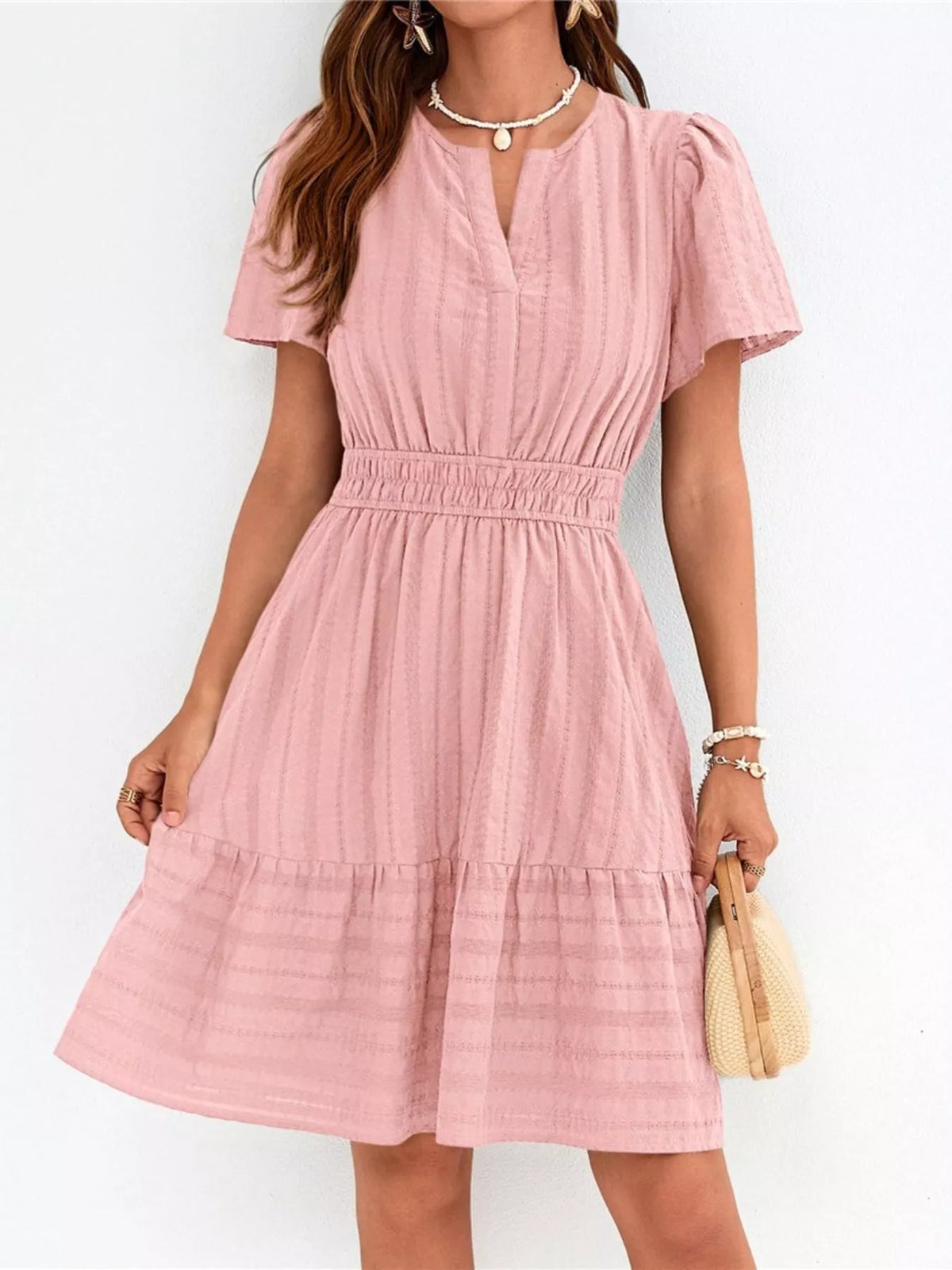 Short sleeve smocked waist tiered midi dress full length view