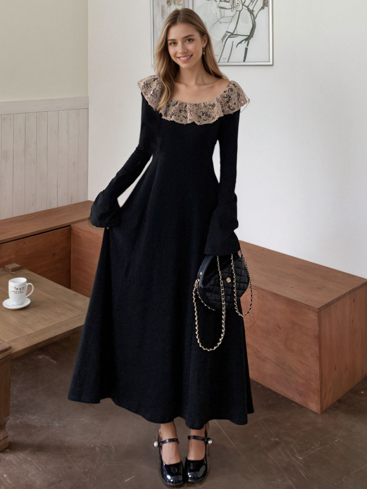 lace collar long sleeve dress front view