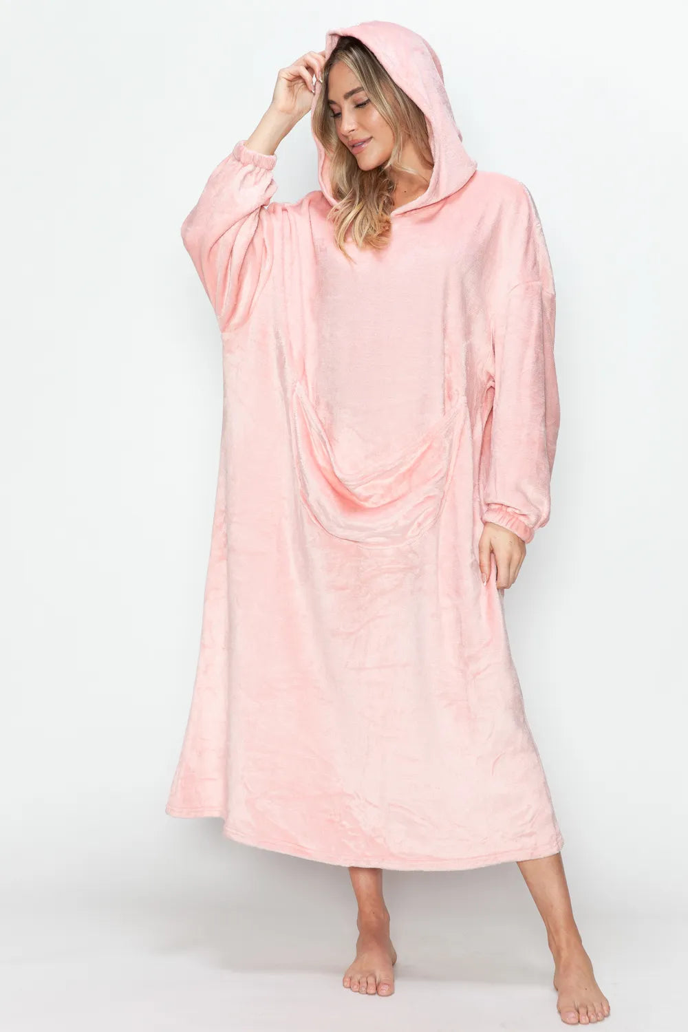 Hooded lounge dress side view showing midi length