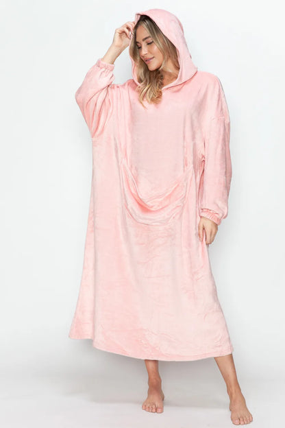 Double Take Full Size Pocketed Hooded Midi Lounge Dress - Fashorio