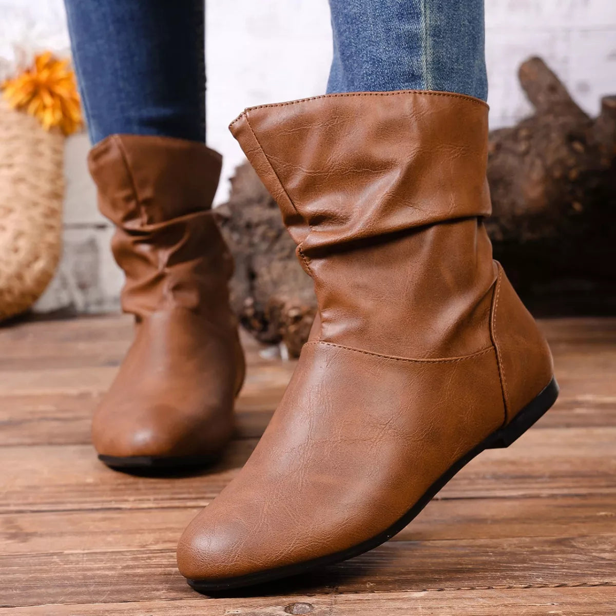 Flat Ankle Boots with Wrinkled Design pair styled together