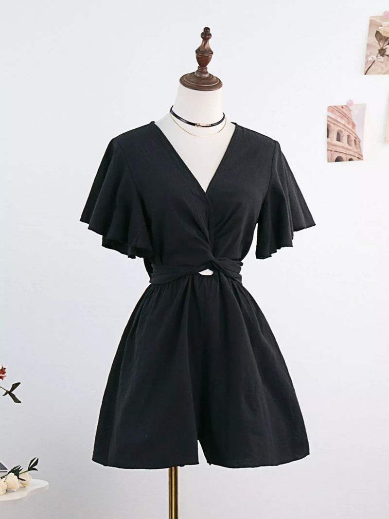 Tie waist flutter sleeve romper, front view