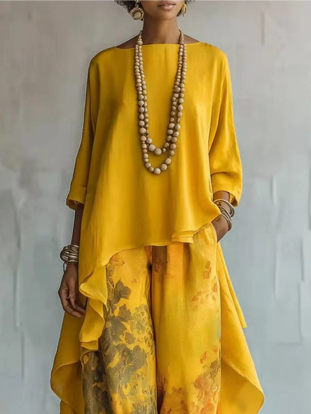 Asymmetrical hem top and floral pants set overview
