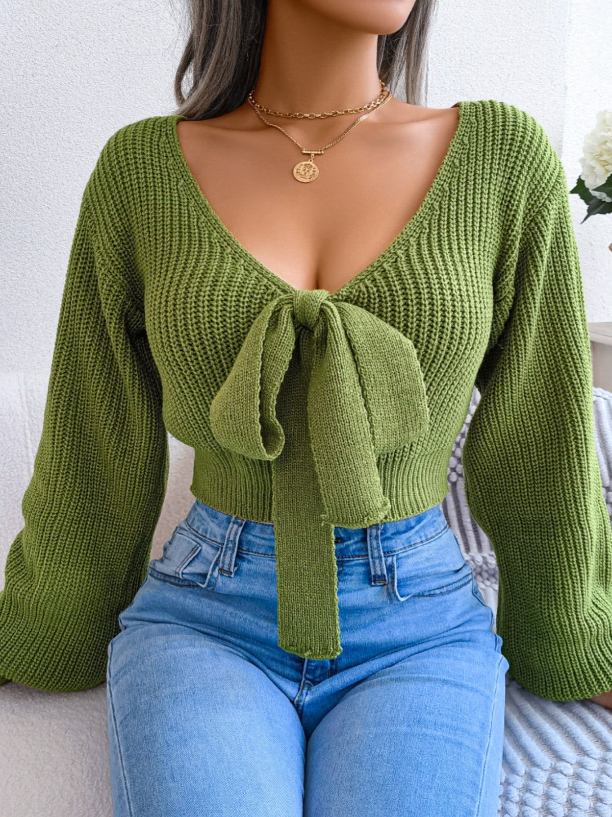 Tie front cropped sweater front view