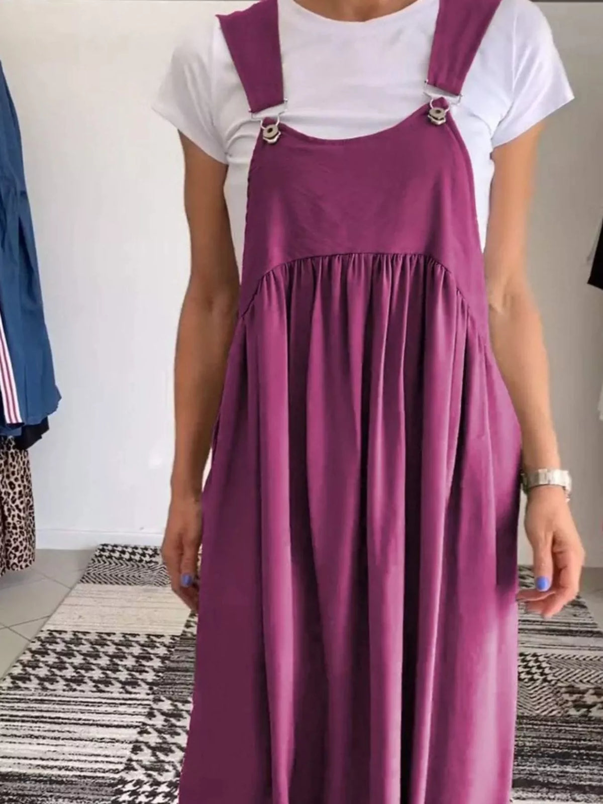 ruched wide strap overall maxi dress hem detail
